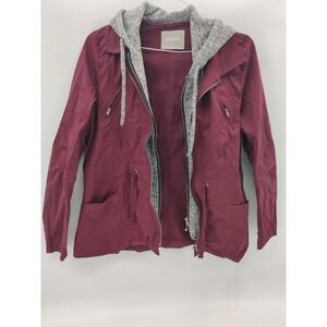 2Sable Women's Burgundy Hooded Utility Jacket Size L Zip Front Drawstring Casual